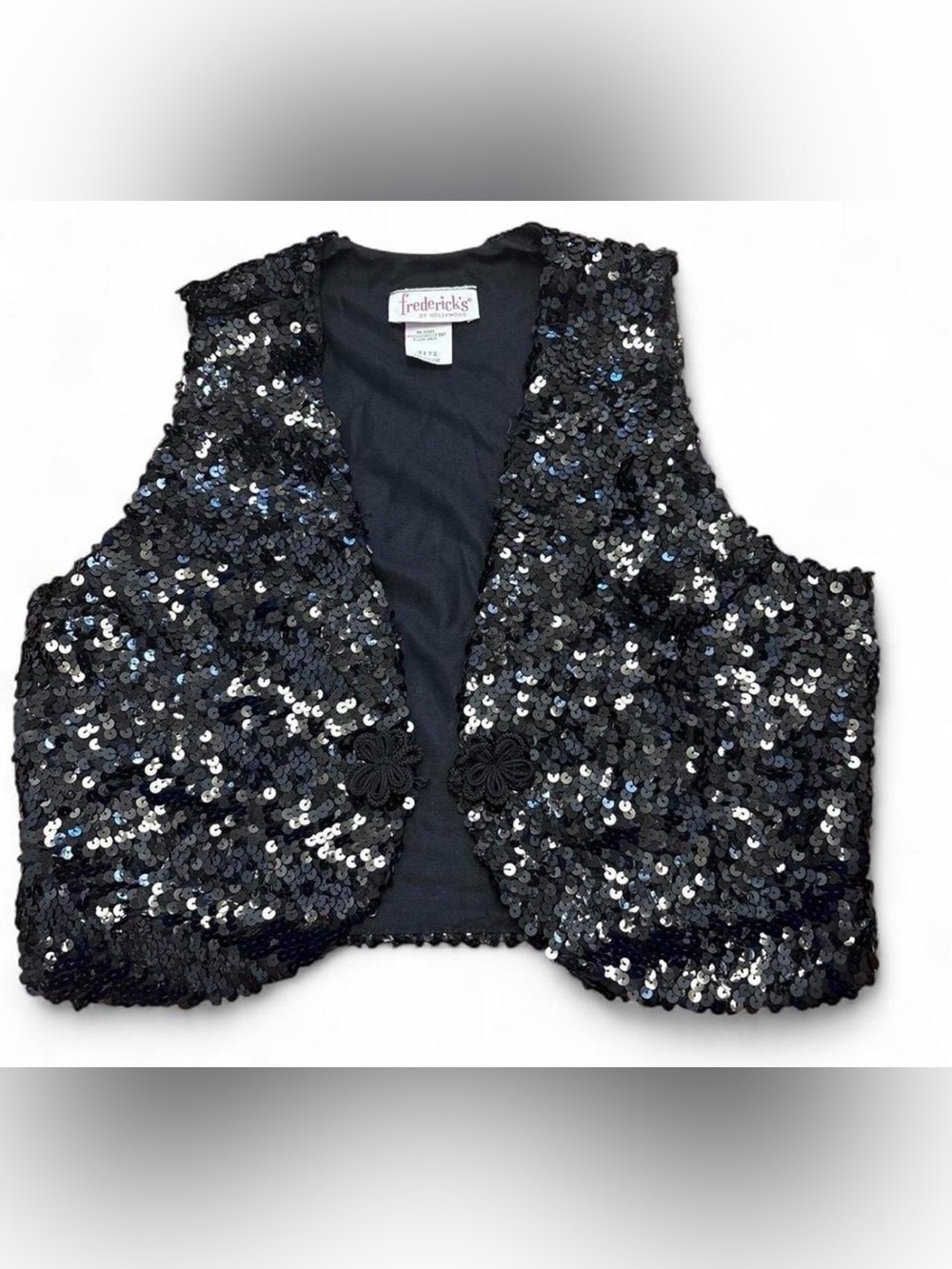 Vintage 90s Frederick's of Hollywood Black Sequin Vest Frog Closure Medium